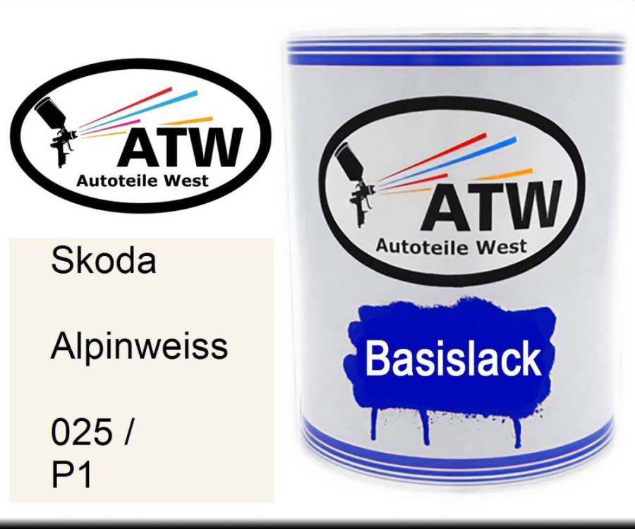 Skoda, Alpinweiss, 025 / P1: 1L Lackdose, von ATW Autoteile West.